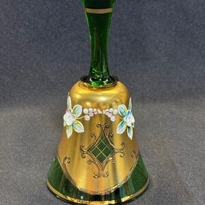 Bohemian Emerald Green Glass Bell with Gold Gilt and Hand Painted Flowers